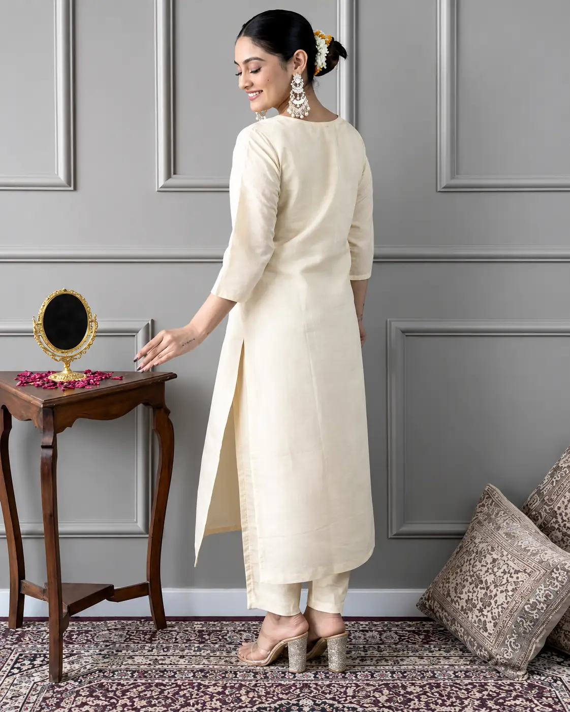 Women Rayon Cream Embroidered Vneck Kurta Pant Set With Primium Emboridered Badhani Silk Dupatta Set - Image 4