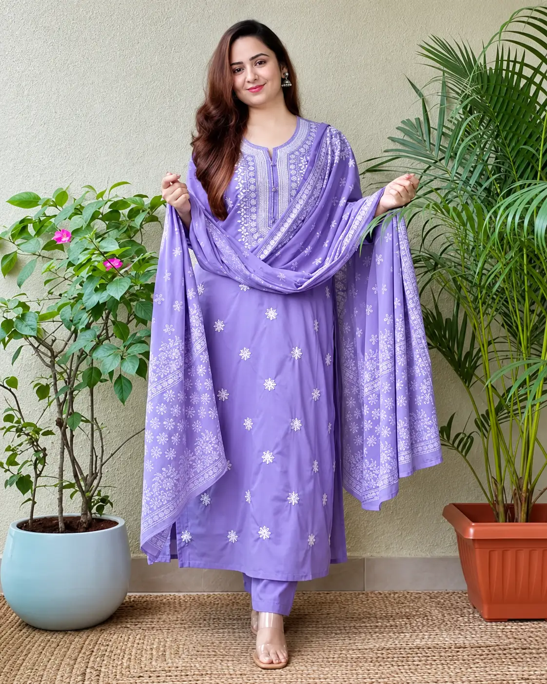 Women's Lavender Embroidered Kurta Set with Pants & Dupatta – 3 Piece Ethnic Suit