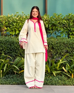 Women's Cream Khadi Cotton Kurta Set with Red Chiffon Dupatta & Salwar – 3 Piece Ethnic Wear
