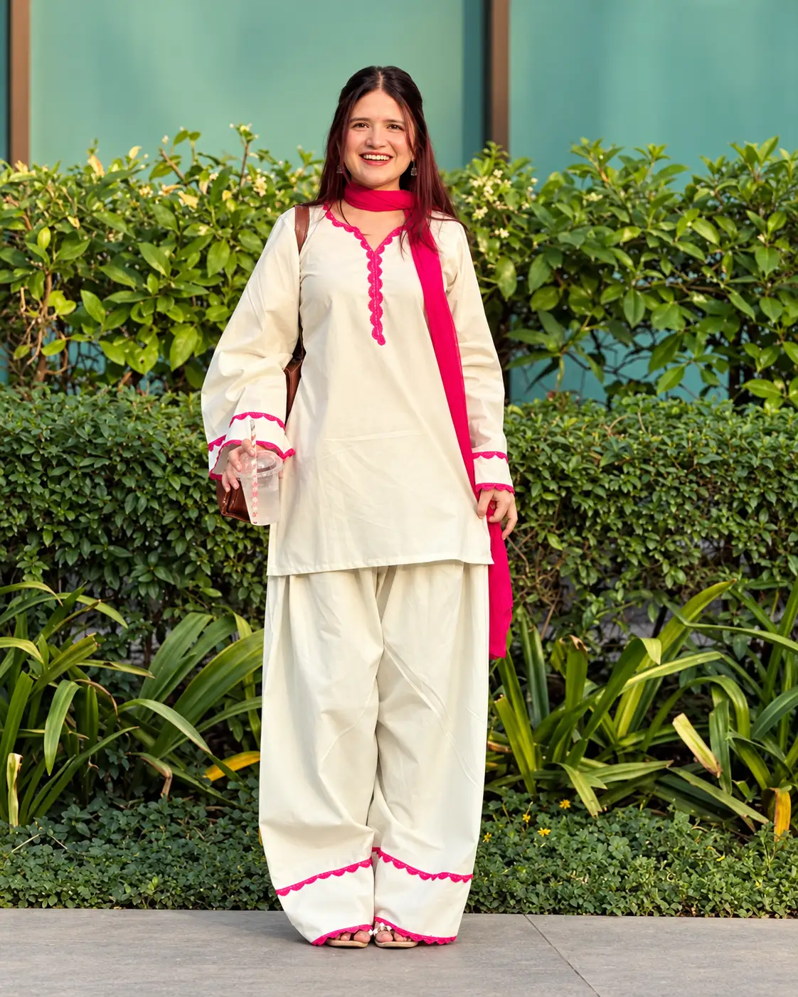 Women's Cream Khadi Cotton Kurta Set with Red Chiffon Dupatta & Salwar – 3 Piece Ethnic Wear