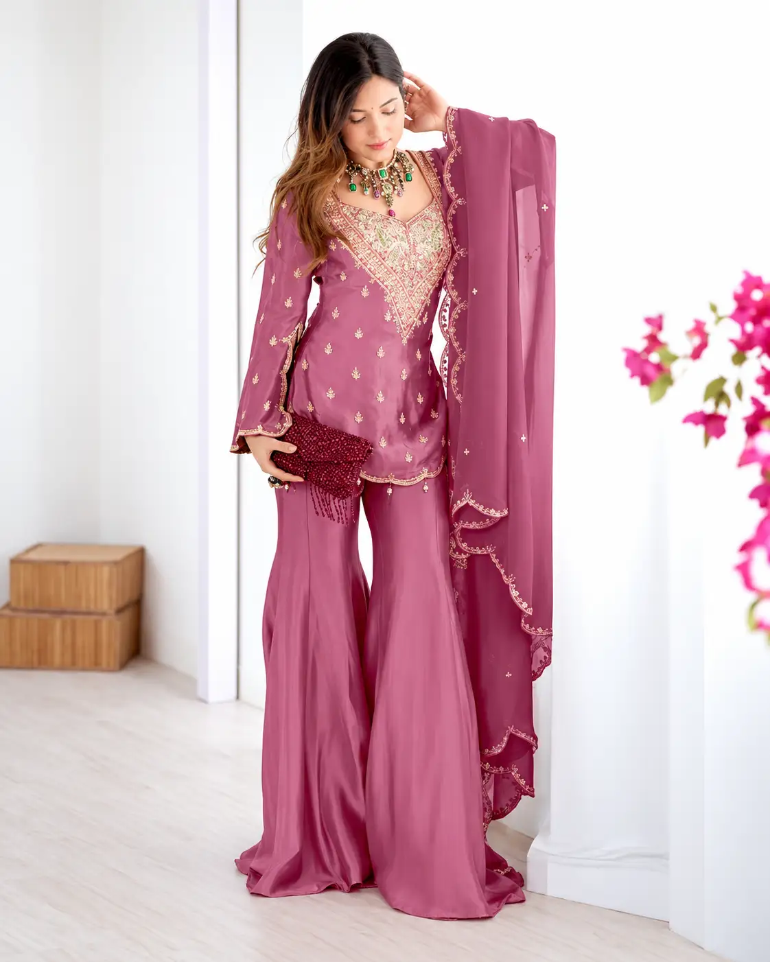 Pink Embroidered Chanderi Silk Short Kurti Palazzo Set with Dupatta - Image 3