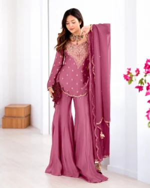Pink Embroidered Chanderi Silk Short Kurti Palazzo Set with Dupatta