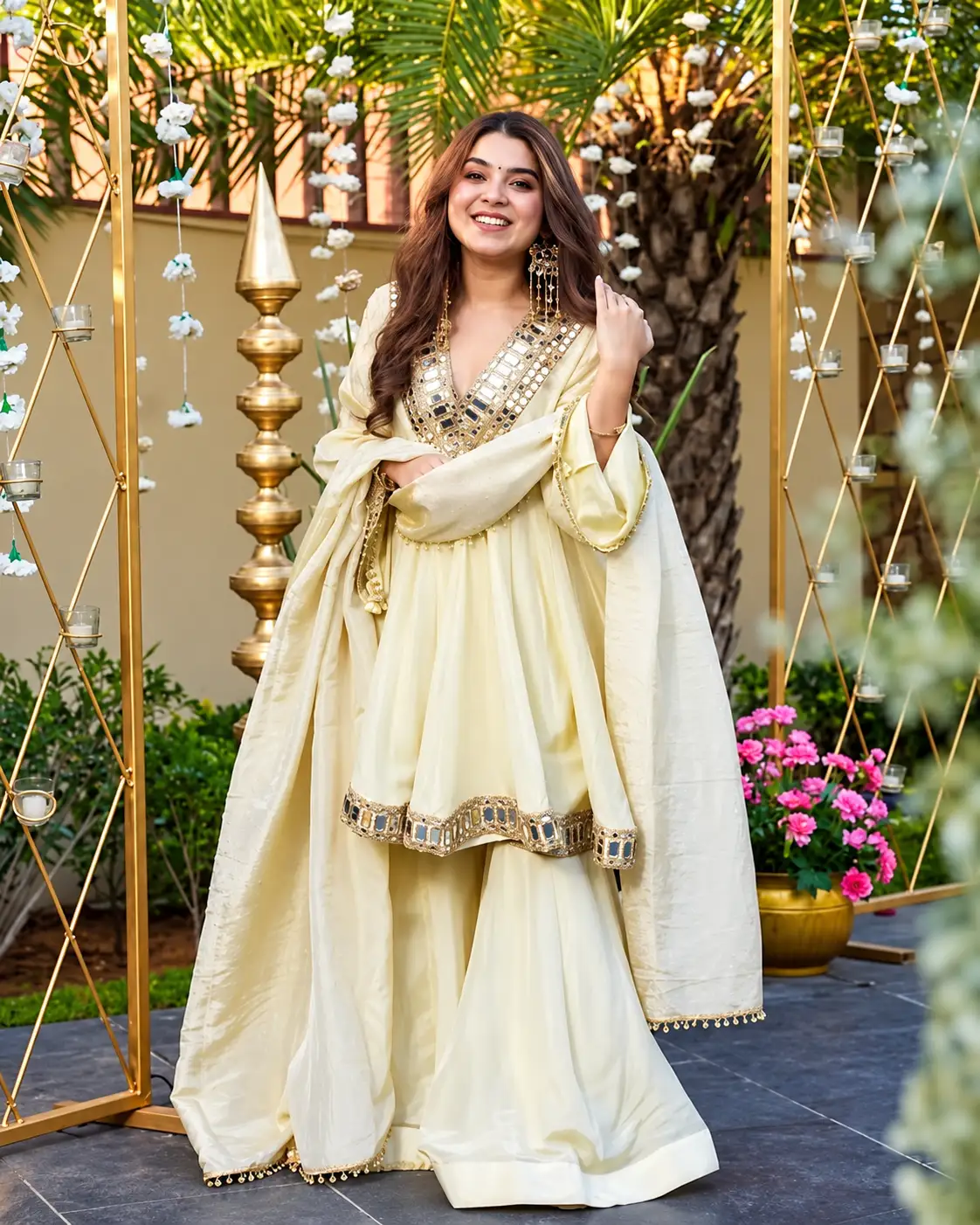 Beige Embroidered Chiffon Kurta Set with Pants & Dupatta
