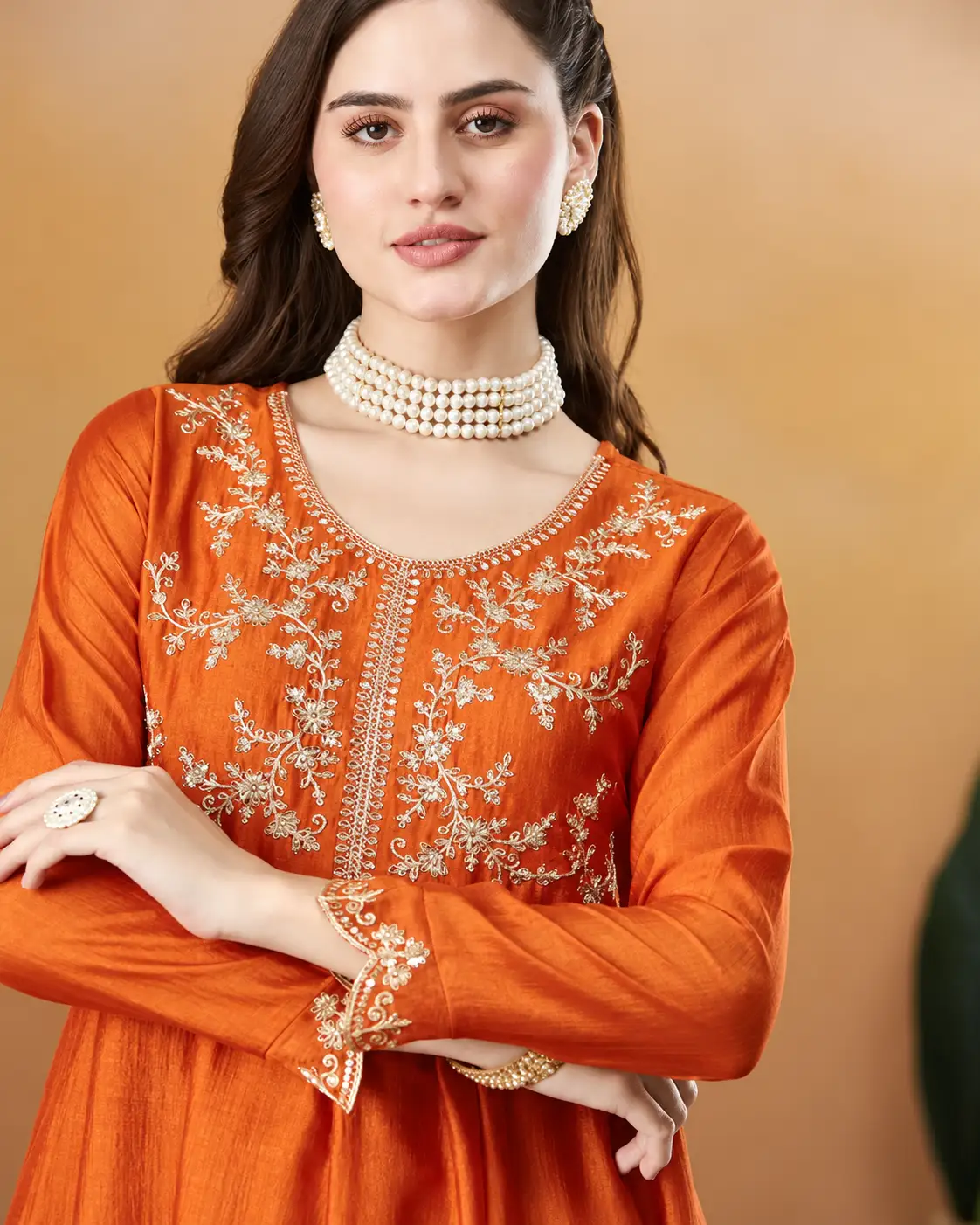 Rust Orange Embroidered Vichitra Silk Kurta Set with Pants & Dupatta - Image 3