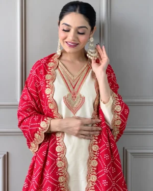 Women Rayon Cream Embroidered Vneck Kurta Pant Set With Primium Emboridered Badhani Silk Dupatta Set