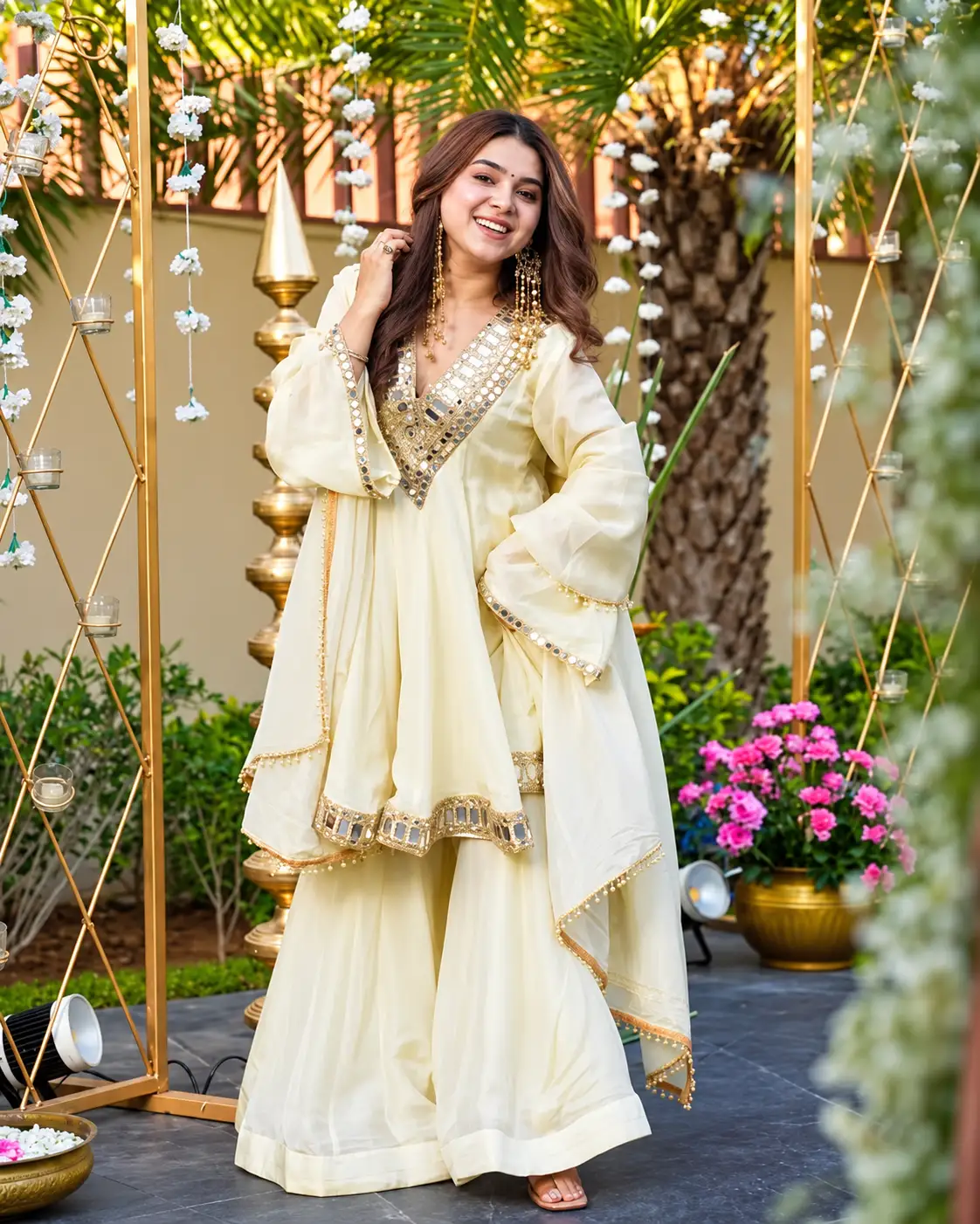 Beige Embroidered Chiffon Kurta Set with Pants & Dupatta - Image 3