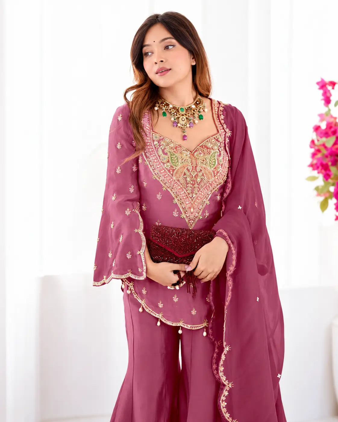 Pink Embroidered Chanderi Silk Short Kurti Palazzo Set with Dupatta - Image 2