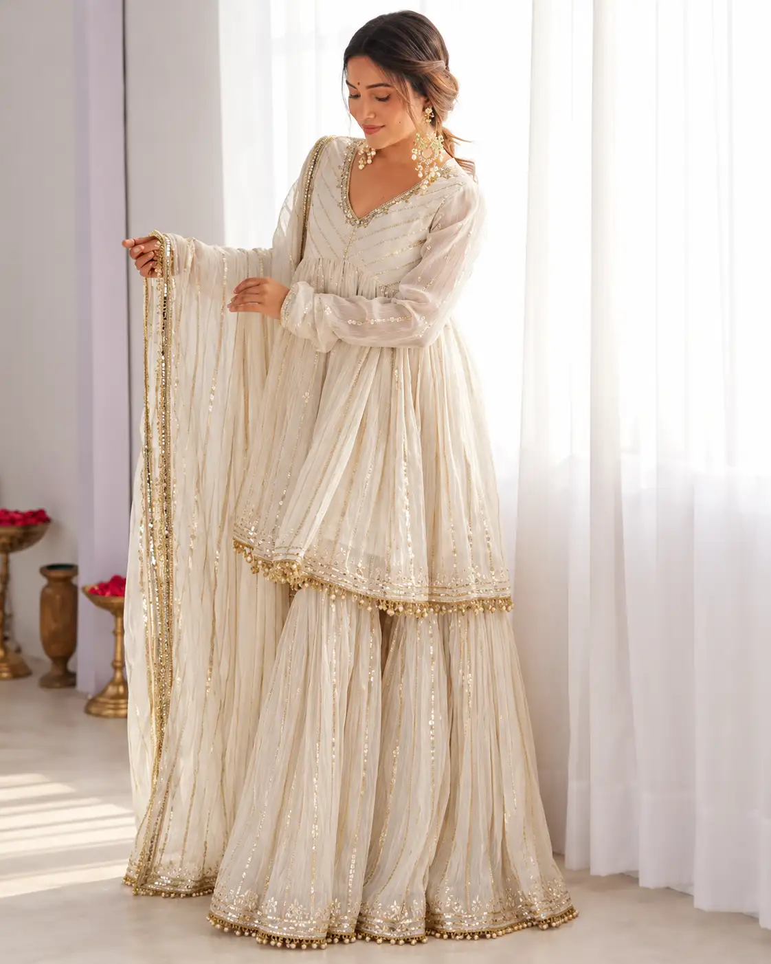 Women's White Chanderi Cotton Sharara Suit Set with Embroidered-Look Kurti & Dupatta – 3 Piece Ethnic Wear - Image 2