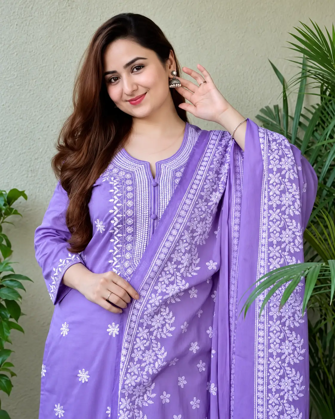 Women's Lavender Embroidered Kurta Set with Pants & Dupatta – 3 Piece Ethnic Suit - Image 3