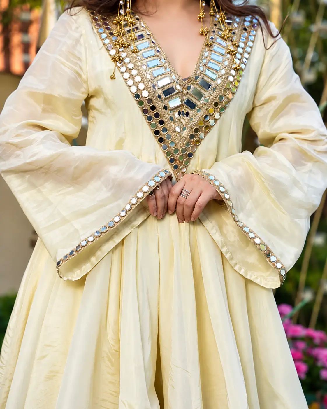 Beige Embroidered Chiffon Kurta Set with Pants & Dupatta - Image 2