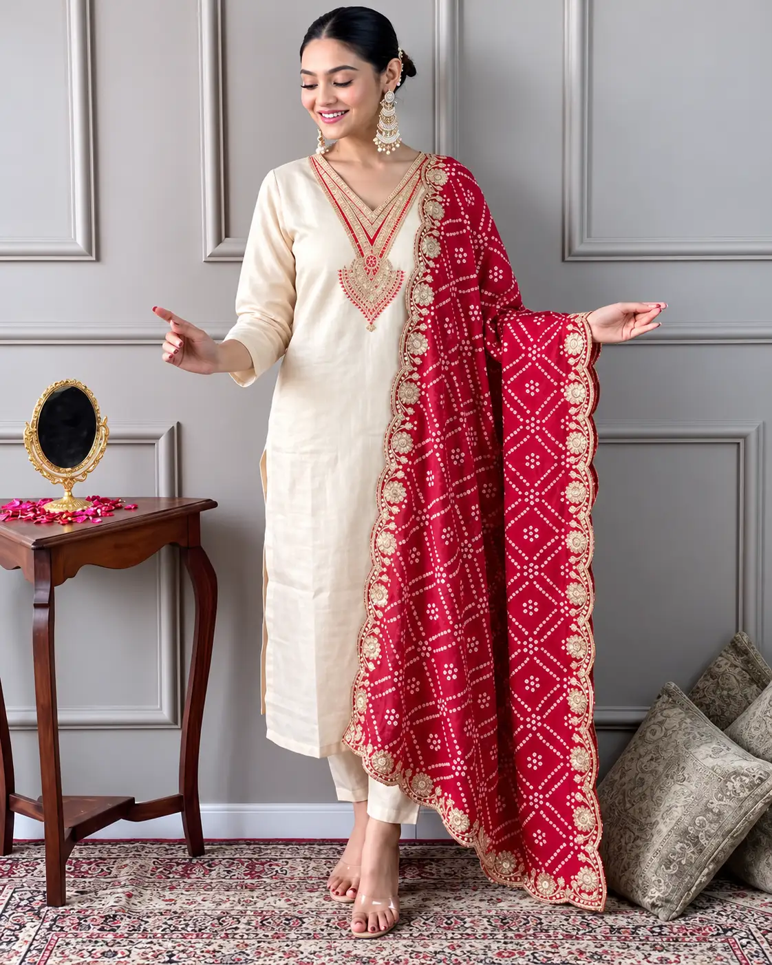 Women Rayon Cream Embroidered Vneck Kurta Pant Set With Primium Emboridered Badhani Silk Dupatta Set - Image 3