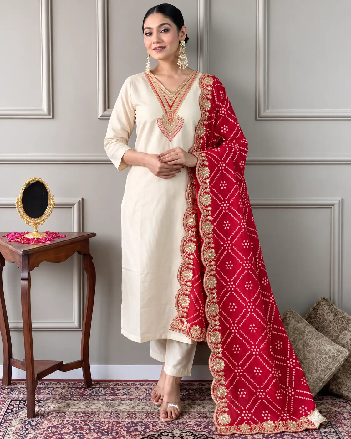 Women Rayon Cream Embroidered Vneck Kurta Pant Set With Primium Emboridered Badhani Silk Dupatta Set - Image 2