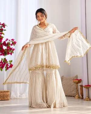 Women's White Chanderi Cotton Sharara Suit Set with Embroidered-Look Kurti & Dupatta – 3 Piece Ethnic Wear