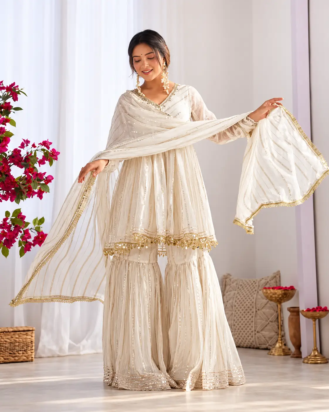 Women's White Chanderi Cotton Sharara Suit Set with Embroidered-Look Kurti & Dupatta – 3 Piece Ethnic Wear