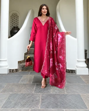 Women’s Magenta Embroidered Rayon Kurta Set with Pants and Dupatta