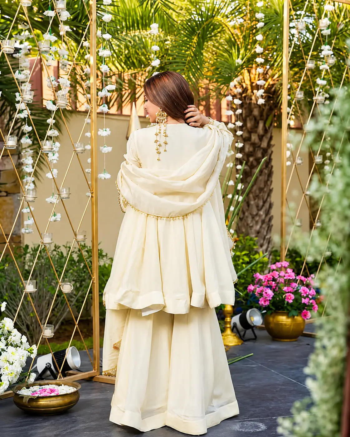 Beige Embroidered Chiffon Kurta Set with Pants & Dupatta - Image 4