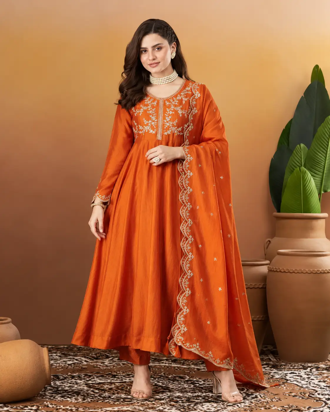 Rust Orange Embroidered Vichitra Silk Kurta Set with Pants & Dupatta