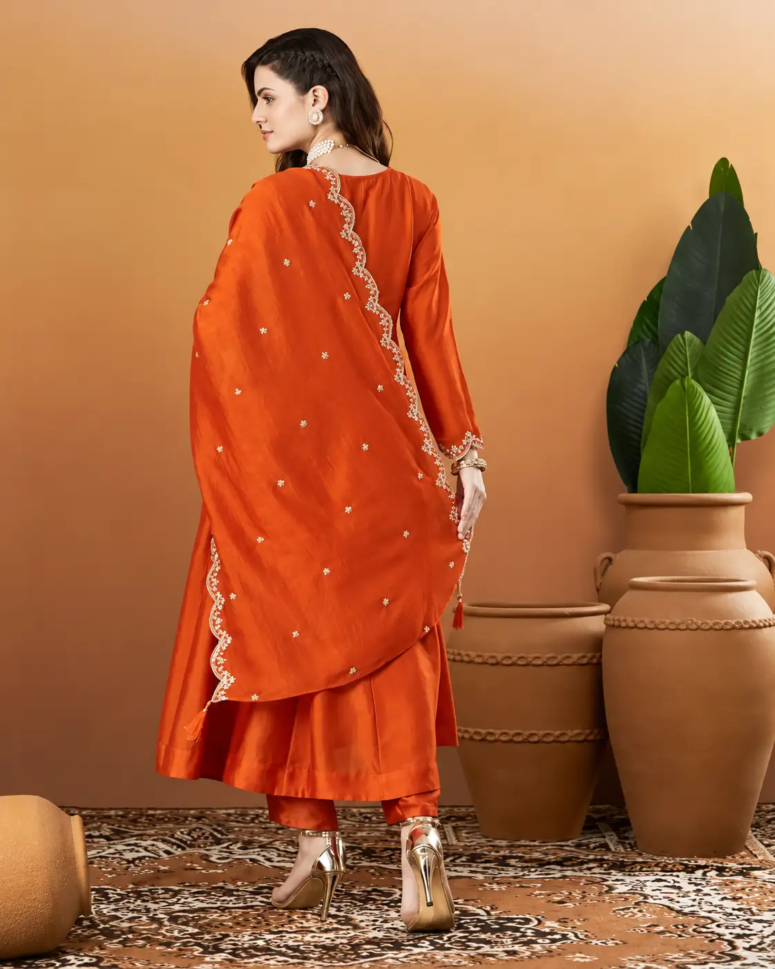 Rust Orange Embroidered Vichitra Silk Kurta Set with Pants & Dupatta - Image 2