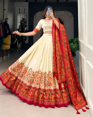 Red Tussar Silk Foil Print Lehenga Choli with Dupatta, Party
