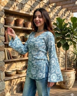 Blue Floral Cotton Short Kurti for Women, Daily Wear