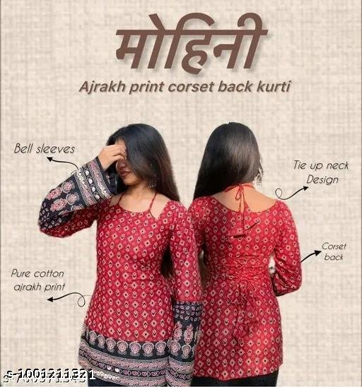 Red Ethnic Print Viscose Rayon Kurti for Women, Long Sleeves - Image 4