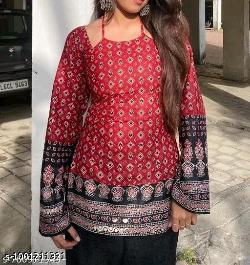 Red Ethnic Print Viscose Rayon Kurti for Women, Long Sleeves - Image 2